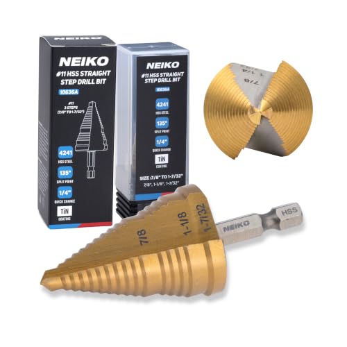 Image of NEIKO 10636A Step Drill Bit, 3 Steps 7 /8 inch to 1-7 /32 inch Straight High Speed Steel, Titanium Nitride Coated, 1 /4 inch Quick Change Step Bits for Steel, Metal, Wood, Plastic, Unibit Cone Drill Bits, Two Flute