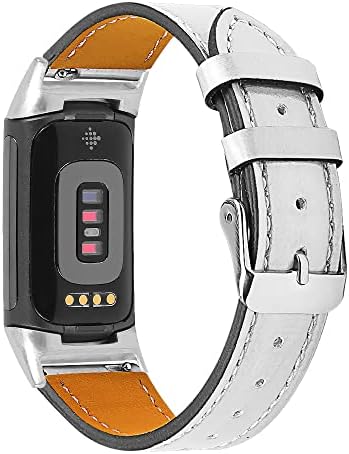 AISPORTS Leather Strap Compatible with Fitbit Charge 5 Strap for Women Men, Soft Breathable Leather Sport Wristband Metal Classic Buckle Bracelet Replacement Strap for Fitbit Charge 5 Activity Tracker
