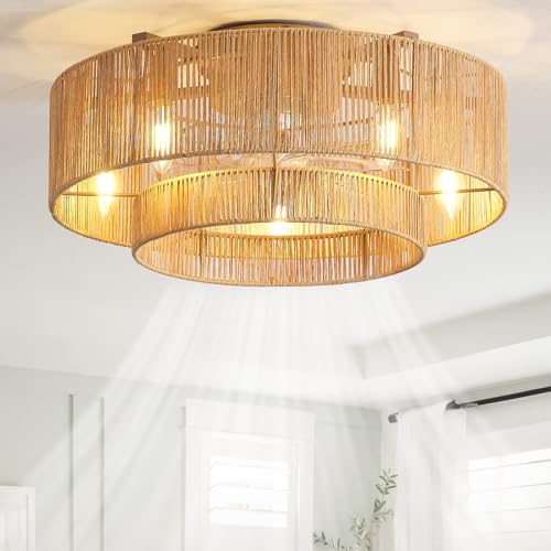 20 Inch Caged Rattan Ceiling Fan with Light, Enclosed Boho Ceiling Fan with Light Remote Control, Flush Mount with 6 Speeds for Bedroom, Living Room, Nursery