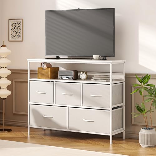 GoaHi 5 Drawer Chest of Drawers with Storage Shelf, Industrial Steel Frame & MDF Top, Fabric Drawer Storage Unit for Bedroom, Living Room, Hallway or TV Unit,White