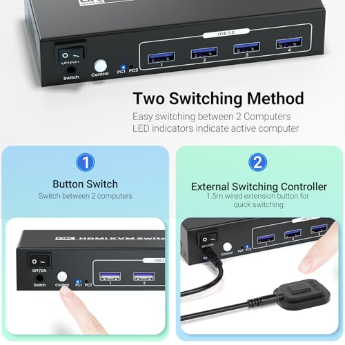 8K60Hz 4K120Hz HDMI KVM Switch 2 monitory, 2 komputery, USB 3.0, podwójny monitor HDMI KVM, przełącznik do 2 komputerów do dzielenia się klawiaturą, myszą i 2 monitorami