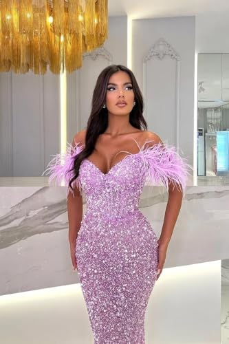 Image of Sequin Feathers Mermaid Prom Dresses 2026 Off Shoulder Sparkly Long Formal Evening Party Gowns with Train