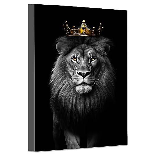 Image of LZIMU Lion King with Gold Crown Canvas Wall Art Black and White African Wild Animals Portrait Picture Prints Modern Artwork for Office Bedroom Wall Decor Framed (Lion-1, 16.00"x24.00")