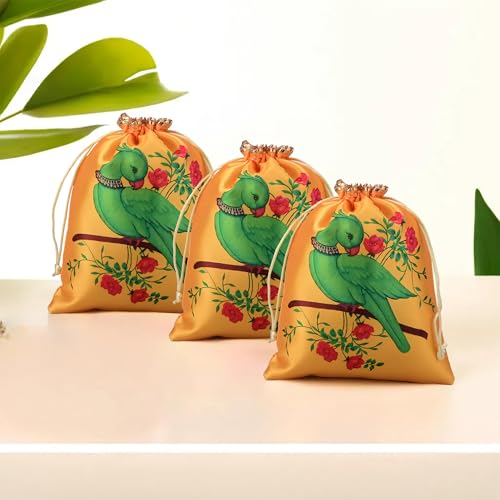 Kuber Industries 3 Pcs Satin 7x9 Inch Potli Bags for Women | Wedding Return Gift Potli | Ladies Potli Pouches for Party, Birthday, Shagun | Drawstring Jewellery Pouch | Parrot Design - Yellow