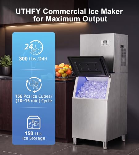 Image of Uthfy Commercial Ice Maker Machine 300Lbs /24H with 150Lbs Storage, Self-Cleaning Mode, Split Commercial Ice Maker, Ice Ready in 7-15 min, Stainless Steel Ice Maker for Bars /Cafes /Restaurants