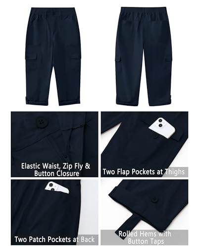 GRAPENT Women's Summer Capri Cargo Pants with 6 Utility Pockets and Elastic Waist - Navy Blue - Medium