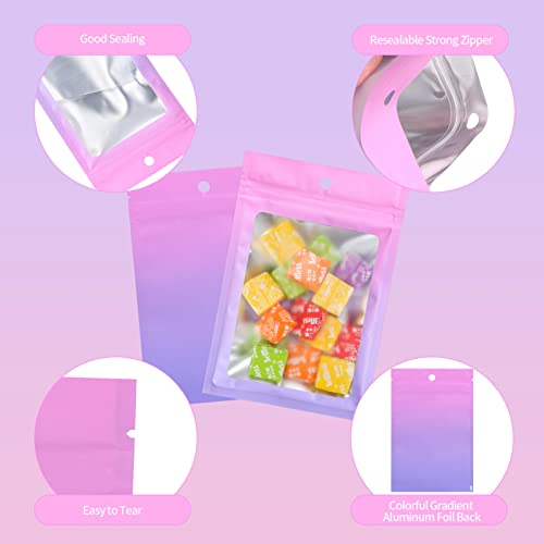 XFXIA 100 Pieces Mylar Bags, Resealable Smell Proof Bags with Zipper and Clear Window, Flat Aluminum Foil Pouch Bag Airtight Zipper Baggies for Candy, Food, Eyelash, Lip Gloss Packaging |flat|cute|(Gradient Pink& Purple, 4.7×7 inches) by XFXIA - Image 4