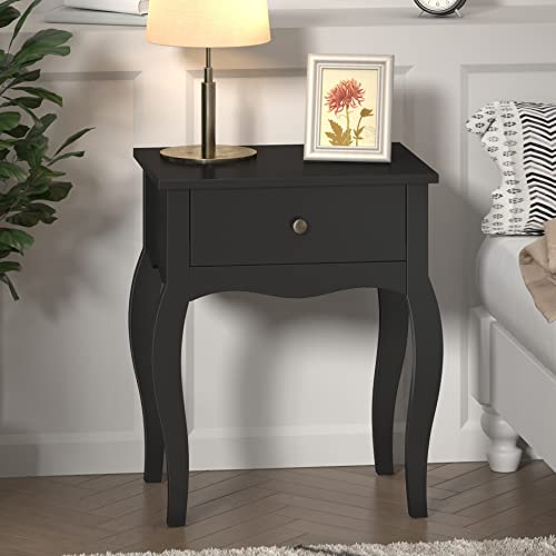 Choochoo End Table With Wavy Silhouette & Curved Legs, Narrow Nightstand With Storage Drawer, Modern Side Table, Wood Night Stand For Bedroom, Small Spaces, 18.7" L X 13.7" W X 21.6" H (1, Black) #TOP4