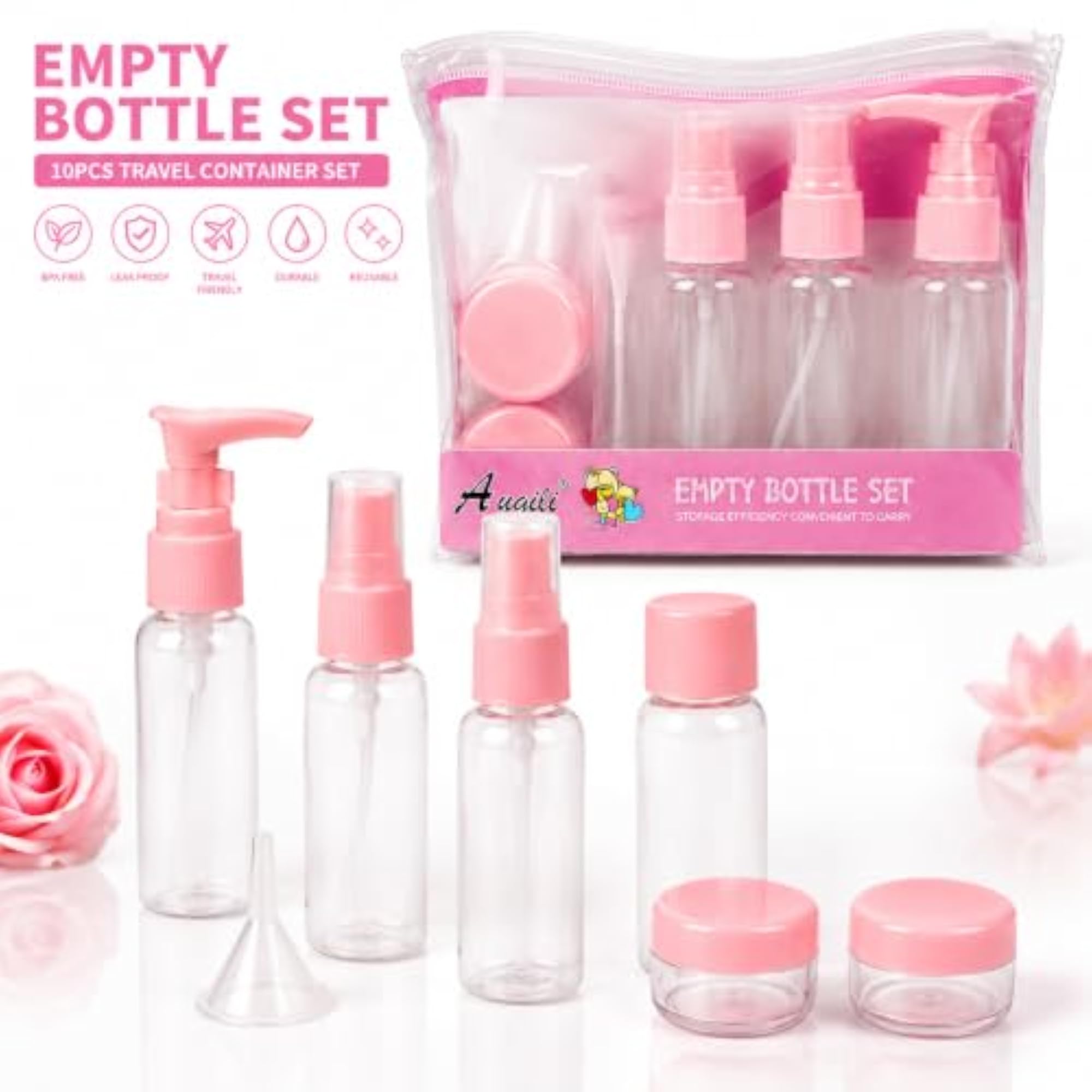 Refillable Cosmetic Container Travel Bottles Set, Pink