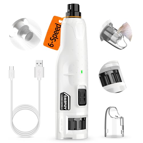 Casfuy Dog Nail Grinder Quiet - (45db) 6-Speed Pet Nail Grinder with 2 LED Lights for Large Medium Small Puppy Dogs/Cats, Professional 3 Ports Rechargeable Electric Dog Nail Trimmer with Dust Cap