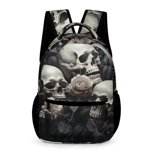 Black And White Flowers And Skull Backpack for Men Women, Durable Small Backpack Casual Lightweight Daypack for Travel Bag