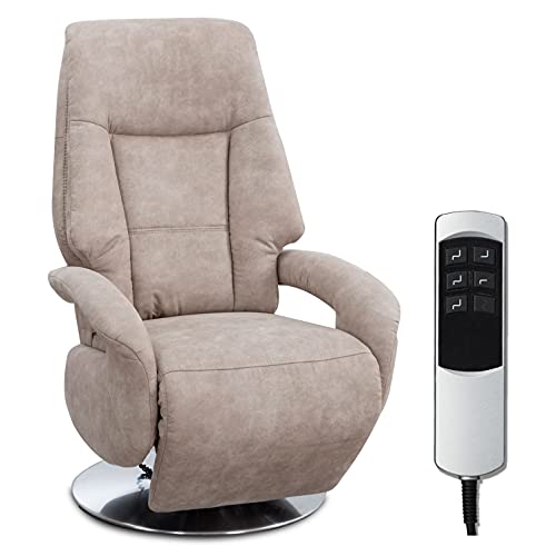 Cavadore TV-Sessel Edinburgh / Fernsehsessel mit elektrisch verstellbarer Relaxfunktion / 2 E-Motoren / 74 x 114 x 77 / Lederoptik: beige