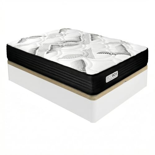 Duérmete Online – Pack Colchón Viscoelástico con Muelles Ensacados Eco Box + Canapé Abatible de Madera Reforzada | Gran Capacidad de Almacenaje | Firmeza Alta | Color Blanco | 150 x 200 cm