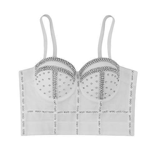 lookwoild Women Camisole Tanks with Bulit in Bra Shiny Rhinestone Crop Top Padded Corset Bustier Party Clubwear (White, M) - Image 4
