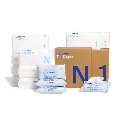 Image of Coterie Baby Diapers + Wipes Baby Kit, Size 1 (198 Count) Size Newborn (93 Count) 4 Wipe Packs (224 Wipes) Made with Plant Derived Fibers, Hypoallergenic, for Sensitive Skin, Clean Ingredients