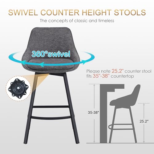 Image of Zesthouse Swivel Bar Stools Set of 2, Modern Counter Height Barstools with Backs, 26'' Upholstered Linen Fabric High Chairs for Island Kitchen, Counter Height Chairs with Metal Legs, Dark Grey