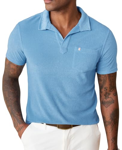 Herberton Mens Comfort Hawaiian Polo Shirt Stretch Stylish Polos Johnny Collar Terry Cloth Short Sleeve Buttonless Pocket Summer Spring Collar V Neck Casual Golf Dress Poloshirt Blue XL