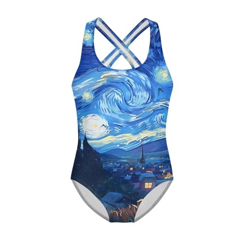 Image of Girls One Piece Swimsuits Summer Quick Dry Crewneck Beach Bathing Suit Cross Shoulder Strap Swimwear 5-14 Years