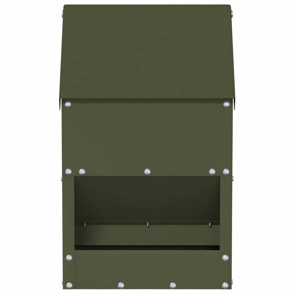 Comedero gallinas metal 3 kg, verde oliva 21 x 16 x 33 cm, resistente e impermeable para interior exterior, fácil montaje con destornillador