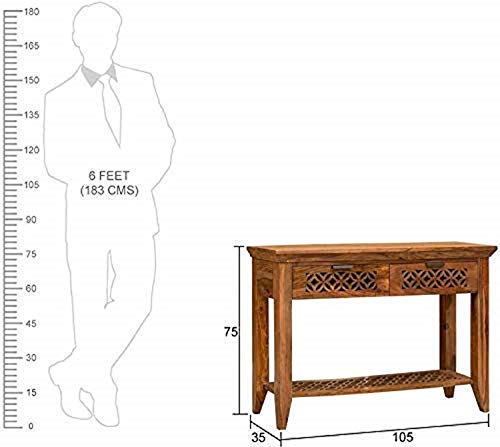 Image of Solid Sheesham Wood Console Table for Living Room | Entryway Hallway Sofa & Fish Tank Table with 2 Drawers & Shelf Storage | Wooden Side Entrance Furniture | Rosewood Honey Finish