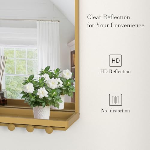 Image of BEAUTME Rectangular Bathroom Mirror with Shelf, 20x16 inch Metal Frame Wall Mirrors with Hooks, Modern Vanity Mirror Wall Mounted for Living Room Bathroom Entryway, Vertical (Gold)