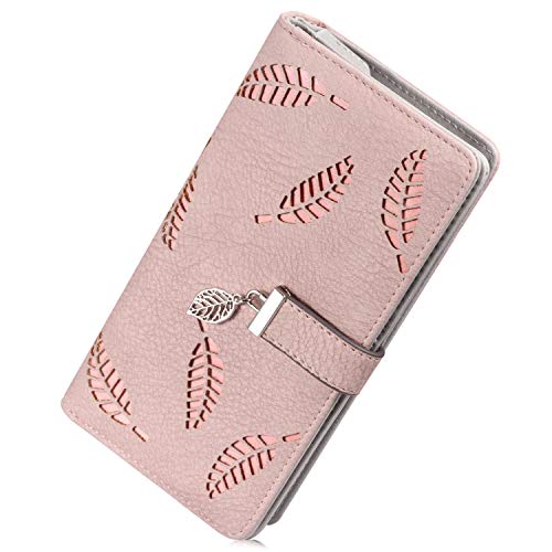 Geldbeutel Damen Leder, Geldbörse mit Hohle Blätter Gross Geldbörse Damen Groß Viele Fächer mit Handyfach Portemonnaie Frauen RFID Schutz Reißverschluss RFID-Schutz Lang Portemonnaie (Pink)