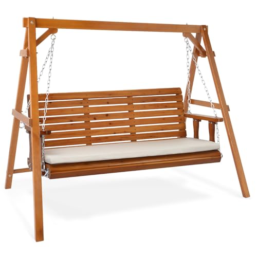 VINGLI 5 FT Outdoor Porch Swing with Frame, Patio Hanging Swing & Stand with Extra Cushions Heavy Duty 880 LBS for Yard, Garden, Pool, Deck, Brown