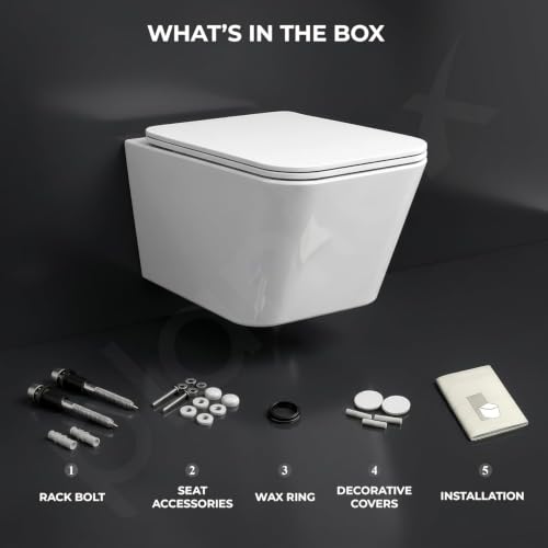 Image of Plantex Imported Italica Ceramic Rimless Square Washdown Western Toilet /Wall Mounted Commode /P Trap Commode with Soft Close Seat Cover (Glossy White)