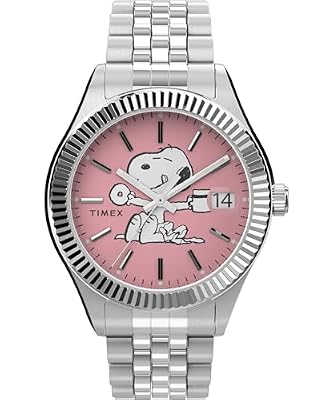 Timex Orologio da donna Peanuts da 36 mm, cinturino in acciaio inox, quadrante rosa, cassa argentata TW2V47400