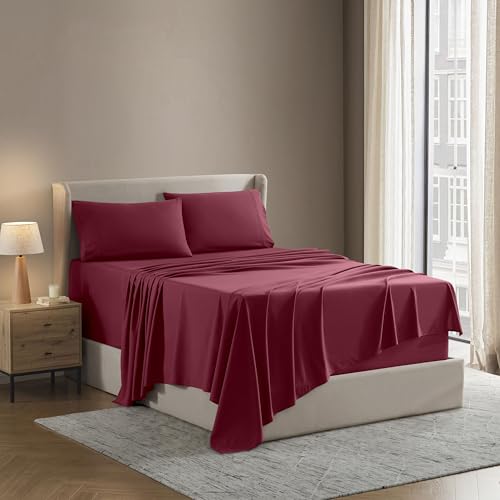 Image of Nestl Split King Bed Sheet Set - Burgundy Red - 5-Piece Deep Pocket | Instantly Soft, Night-One Ready (No Wash Required). Fits 16-Inch Deep Pockets, 360-Degree Elastic Grip