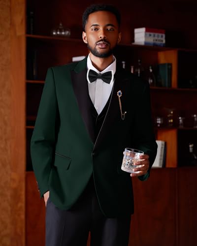 MAGE MALE Mens Suit Slim Fit 3 Piece Tuxedo Suits One Button Wedding Prom Party Dinner Blazer Vest Black Pants Set4