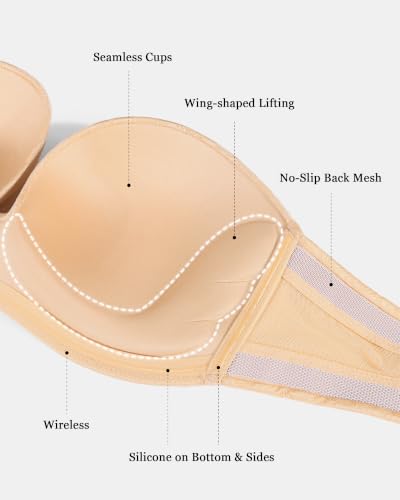 Image of HACI Push Up Strapless Bra for Women Anti-Slip Padded Wireless Stay Put