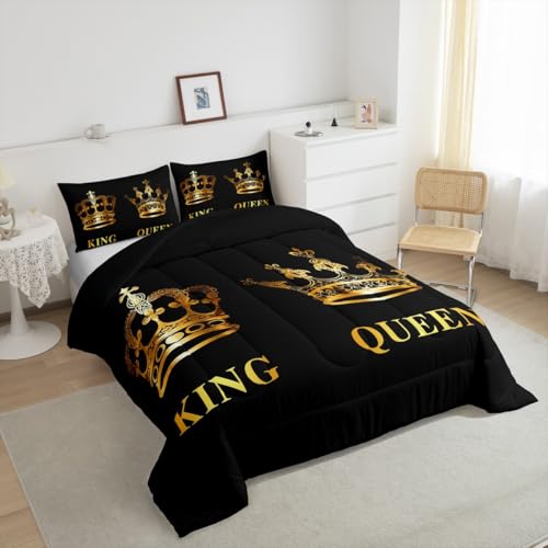 Image of Feelyou Gold Crown Bedding Set for Kids Boys Girls Queen, King Queen Comforter Set Mr Mrs Comforter Anniversary Duvet Set Men with 2 Pillow Case