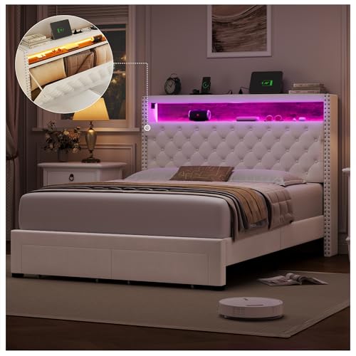 HIFIT Full Size LED Bed Frame with Storage Headboard and Charging Station, Velvet Upholstered Bed Frame Full Size with 2 Drawers, Camas Full with Button Tufted Headboard, No Box Spring Needed, Beige