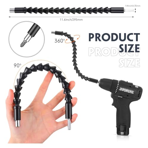 17pcs Flexible Drill Bit Extension, Include 3pcs Impact Socket Adapter 2pcs Hex Shank 105° Right Angle Drill Attachment 10 Short Screwdriver Bits Bendable Drill Bit Extension and 90° Angled Bits