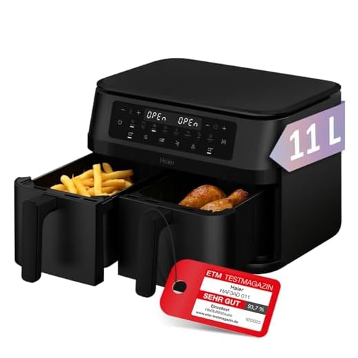 Haier Flex Heißluftfritteuse 2 Kammern I 11 L Airfryer Doppelkammer mit herausnehmbarer Trennwand & Sichtfenster I Kammern flexibel verstellbar I 8 Funktionen I Antihaftbeschichtung, spülmaschinenfest