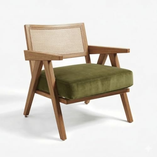 Image of Kingsman Furnitures ABEL Rattan Teak Wood Accent Arm Chair for Home Bedroom, Living, Dining, Drawing Room | Ultra Soft and Comfortable for Stress Free | Removable Cushion (KF-Bronx-OliveGreen-Velvet)