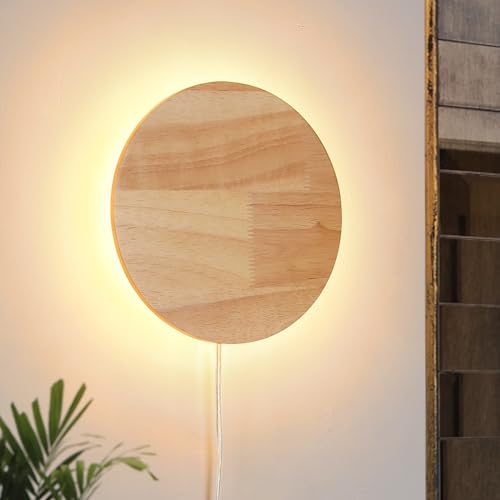 Image of Modern Minimalist Plug in Wall Sconces, Plug-in Or Cordless 11.8'' Round Wood Backlight LED Wall Lamp, 25W, 2500LM Warm White Brightness Wall Light Fixtures for Bedroom, Living Room Wall Decor