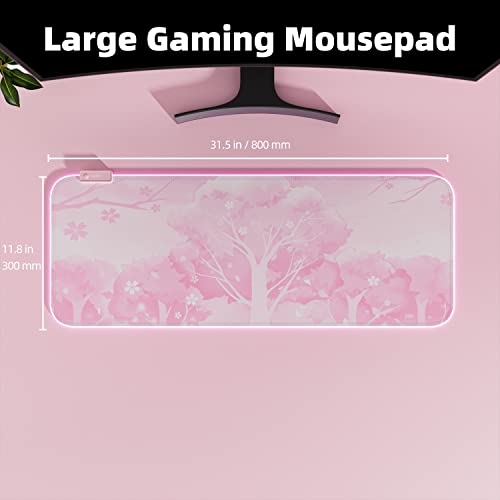 Pink Rgb Led Gaming Mouse Pad, 14 Modes Glow Pad, Extra Large Gaming Mousepad,Waterproof Rubber Non Slip Cute Sakura Mat, Extended Big Keyboard And Mouse Pad Mat For Gamer Office Home, 800×300×4Mm #TOP2