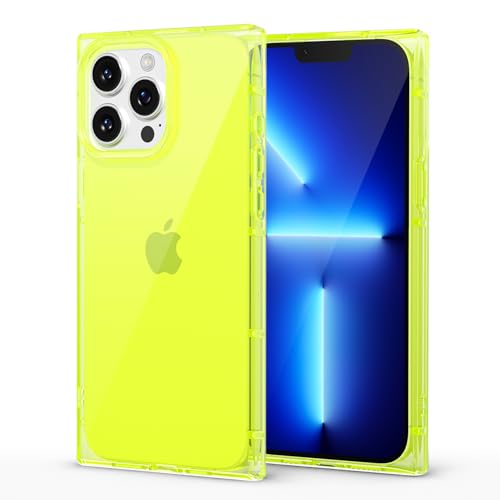 LoeoeL for iPhone 13 Pro Max Clear Case Rectangle Edge, Slim Thin Transparent Girly Y2k Cute Designer Phone Case for Women, Trendy Aesthetic Design Soft TPU Silicone Cover, Bright Neon Green