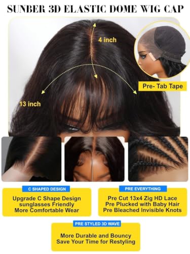 Image of 13x4 Glueless Human Hair Wig Body Wave with Curtain Bangs 18 Inch | Bye Bye Slip HD Lace Front Wigs Human Hair Pre Cut Pre Plucked Bleached Knots Bangs Drawstring Cap Ready to Wear 150% Density