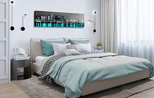 Miami Canvas Wall Art Black And White Florida Skyline Panoramic Wall Decor Teal Turquoise City Night Posters Cityscape And Bridge Paintings Modern Artwork Home Decorations Stretch Framed #TOP5