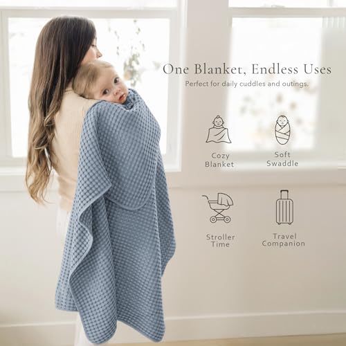 Image of Konssy Waffle Baby Blanket for Boys & Girls, Soft Newborn Swaddle Blanket | Waffle Knit, Cozy Crib Blanket Neutral for Nursery, Stroller & Toddler Bed, Machine Washable, 41 inch x 37 inch(Blue)