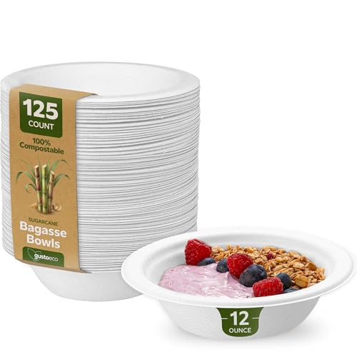 Gusto [12 oz. - 125 Pack] 100% Compostable White Paper Bowls, Heavy-Duty Paper Soup Bowls - Eco-Friendly Disposable Sugarcane Bowls - Formerly Comfy Package