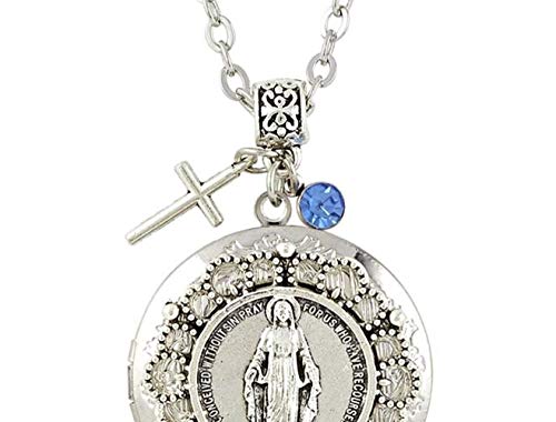 Silver Tone Miraculous Medal Virgin Mary Devotional Locket Necklace With Crucifix Charm, 24 Inch #TOP2
