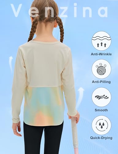 Image of Venzina Girls' Long Sleeve Workout Top with Thumbholes Quick-Dry 4-Way Stretch Moisture Wicking Shirt for Yoga, Dance, Gymnastics(Age 6-10)