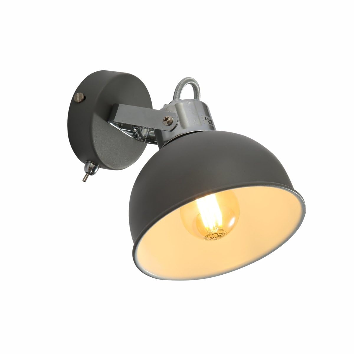 TEKLED Grey Dome Shade Grey Metal Body Wall Light E14 Fitting - Single Head