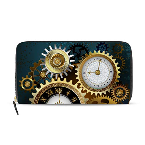 Portefeuille cuir femme de luxe à horloge dorée et zip