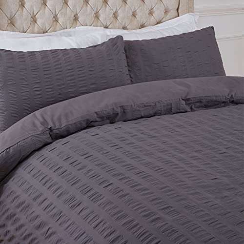 Highams Seersucker Duvet Cover with Pillow Case Bedding Set, Charcoal Dark Grey - Single