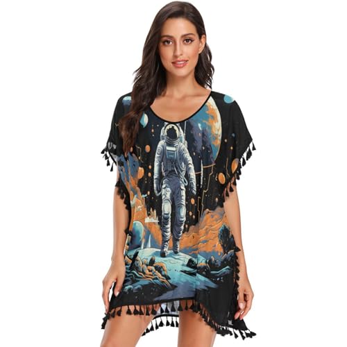 Space Art Astronaut Moon Women's Beach Cover Up Chiffon Tassel Swimwear Swimsuit Coverups for Girl